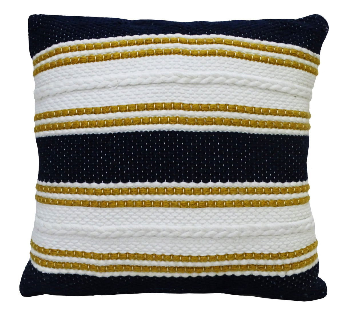 Square pillow with alternating black, white, and gold horizontal stripes featuring braided white rope details across the front