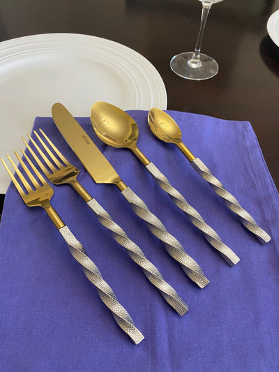 Golden Stainless Steel Flatware Set of 20 pieces with twisted designer handles by Vibhsa