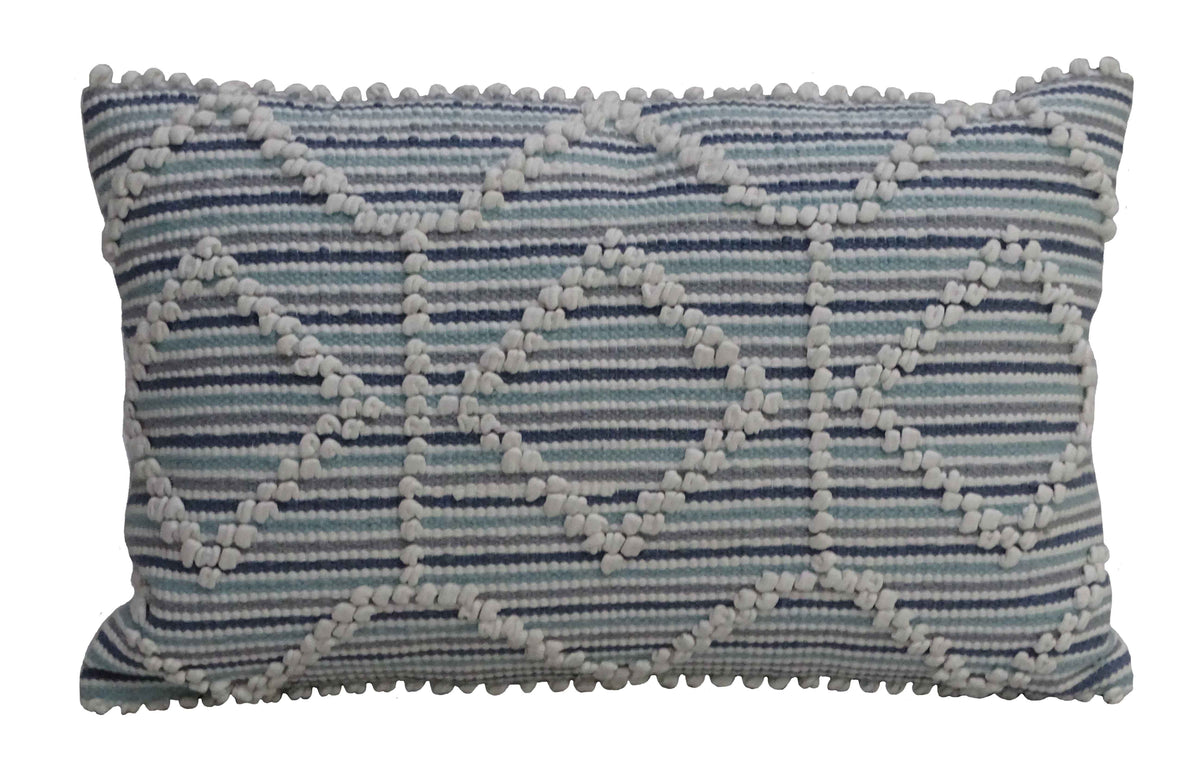 Rectangular handwoven throw pillow with horizontal blue and white stripes and raised cream diamond pattern, edged with small cream tassels.