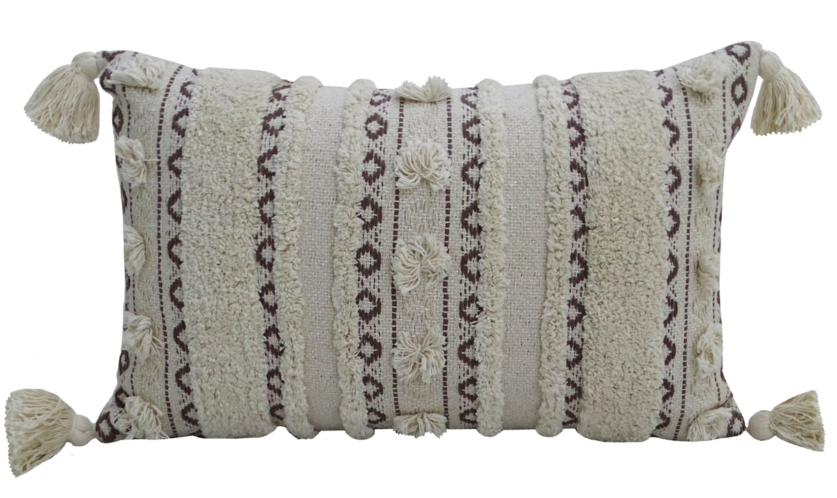 Rectangular handwoven throw pillow with cream background, dark brown geometric stripes, textured patterns, and tassels at each corner