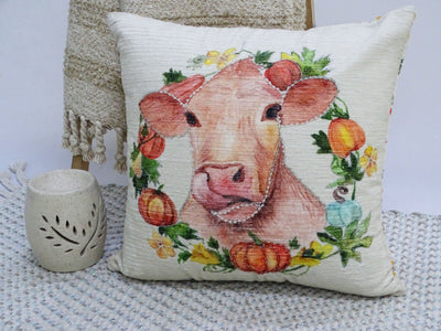 Decorative Throw Pillow 20 x 20 inches with embroidered cow and floral print from Vibhsa