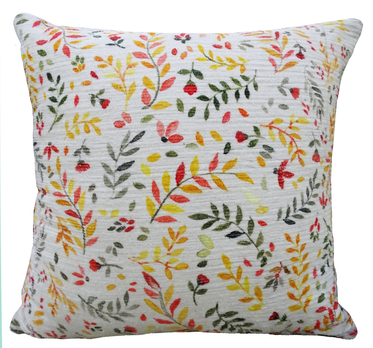 Square decorative throw pillow with a white textured background and a pattern of small orange, yellow, red, and green leaf and berry branches.