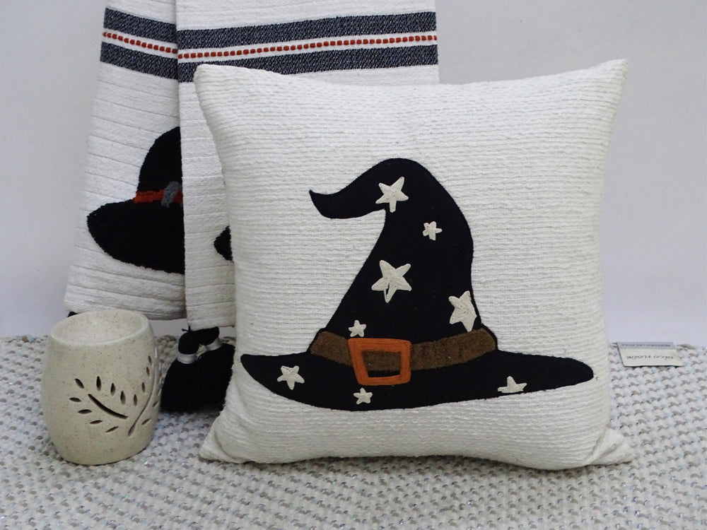 Halloween decorative throw pillow 20x20 with colorful embroidery on handwoven cotton, solid color back