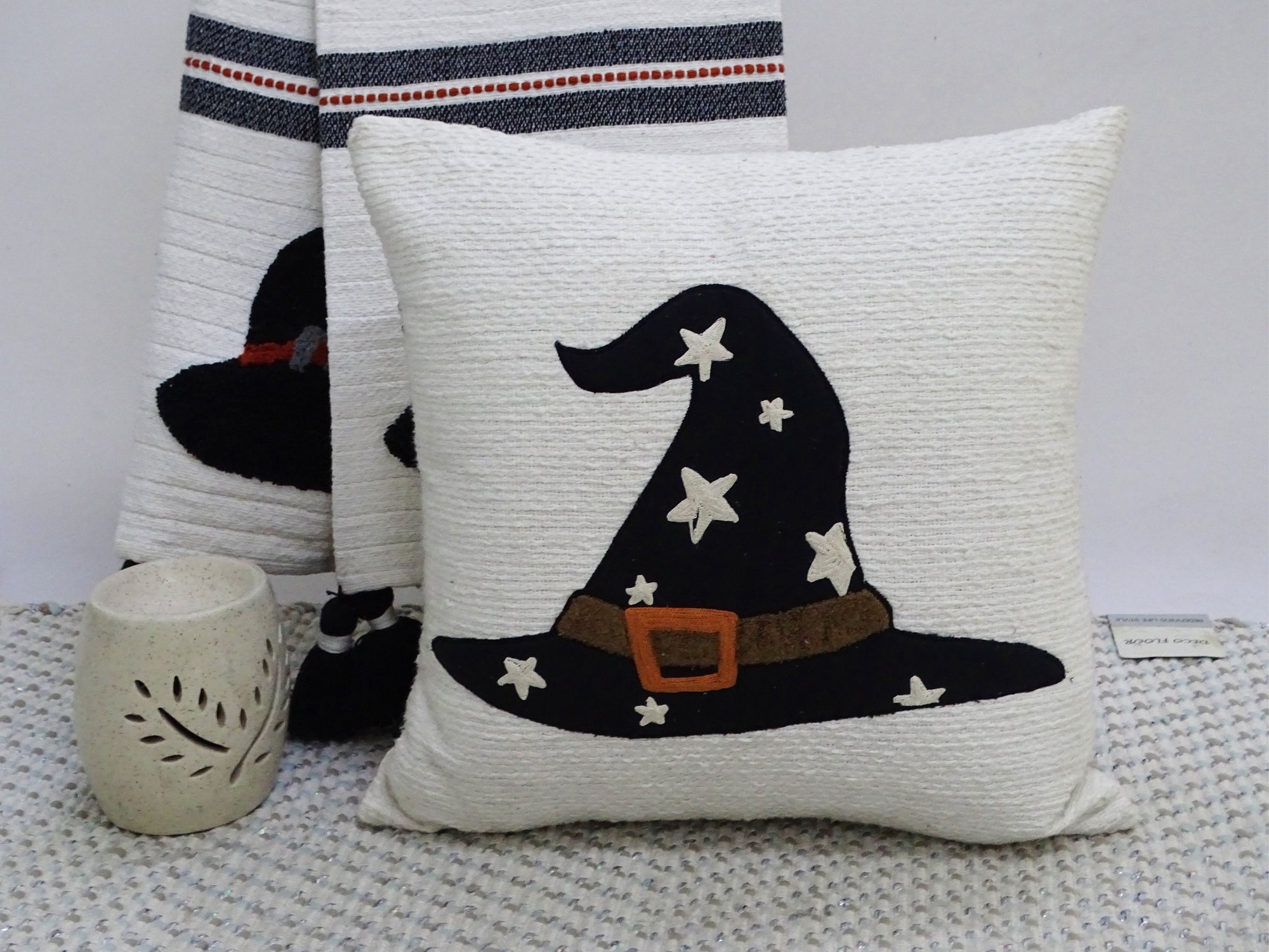 Halloween decorative throw pillow 20x20 with colorful embroidery on handwoven cotton, solid color back