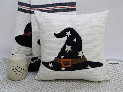 Halloween decorative throw pillow 20x20 with colorful embroidery on handwoven cotton, solid color back