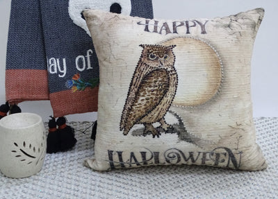 Decorative Halloween throw pillow showing embroidered colorful owl on front with solid color back