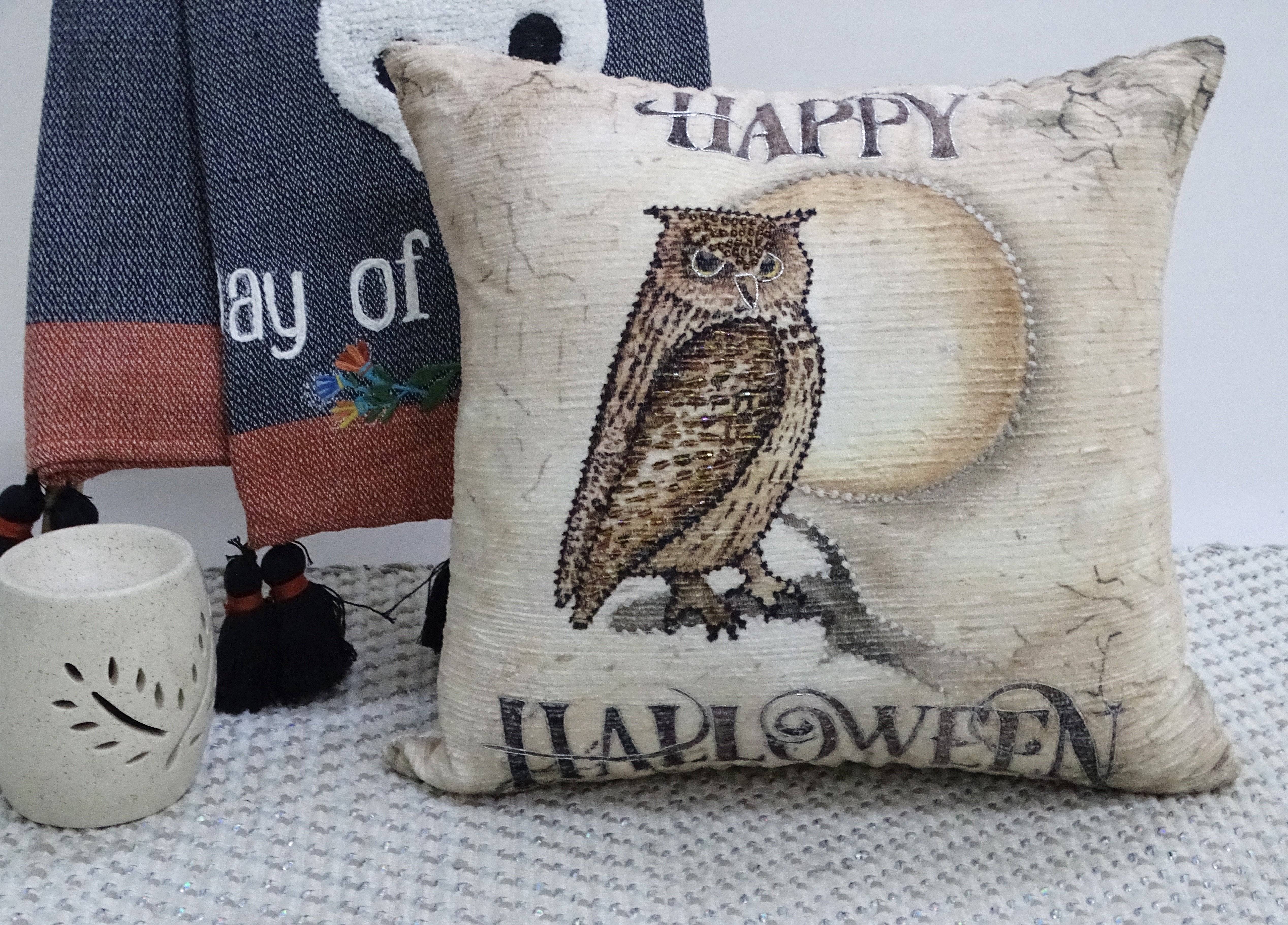 Decorative Halloween throw pillow showing embroidered colorful owl on front with solid color back