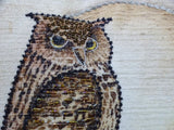 Close-up of an embroidered owl with brown and beige thread, featuring detailed beadwork on the head and yellow accents around the eyes on a cream fabric background.