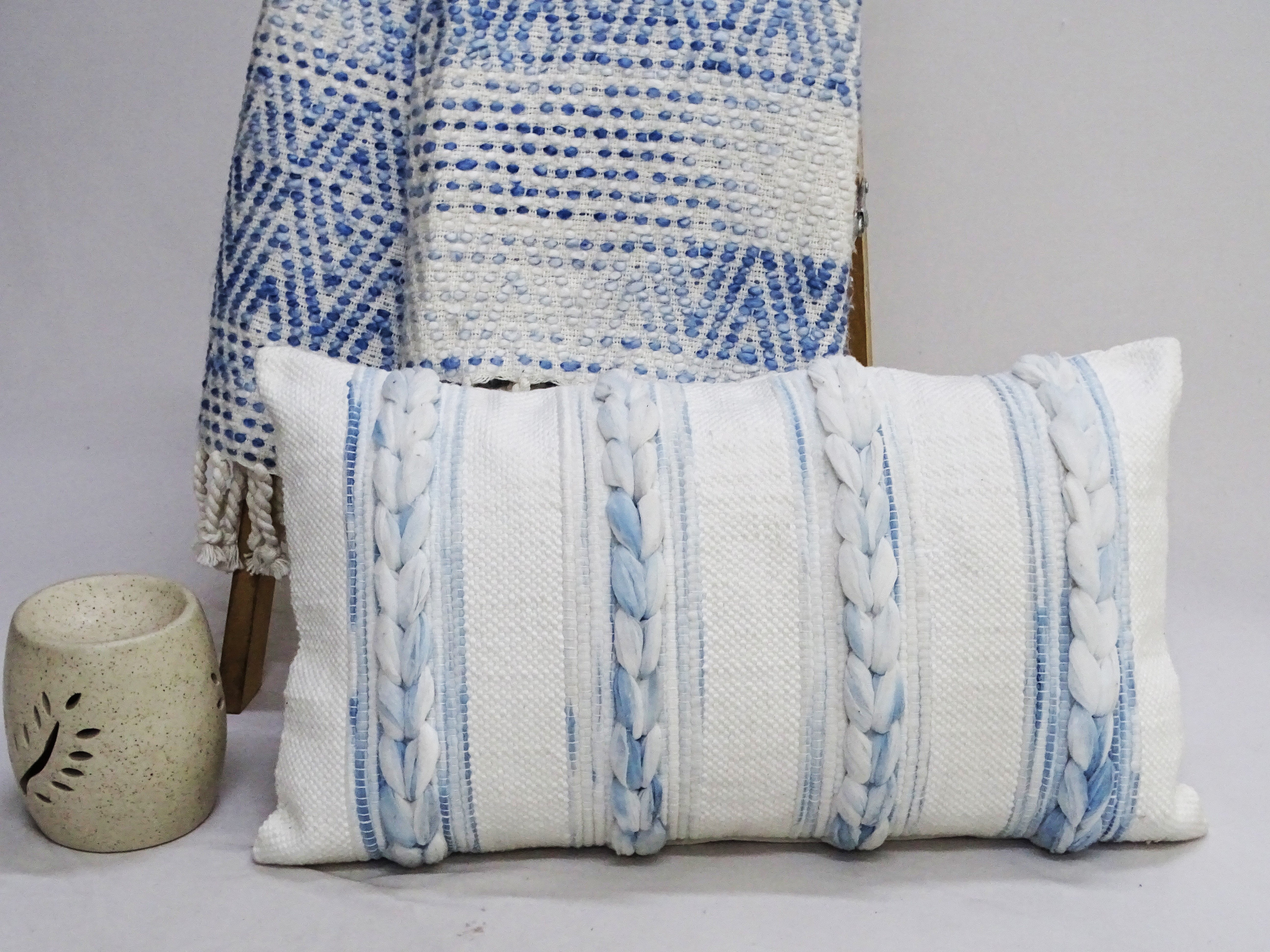 Handwoven 14x24 Modern Throw Pillow with multicolor print and embroidery