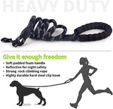 Black dog leash with white reflective stitching, soft padded foam handle, and steel clip hook, coiled on white background with text and silhouette graphic.