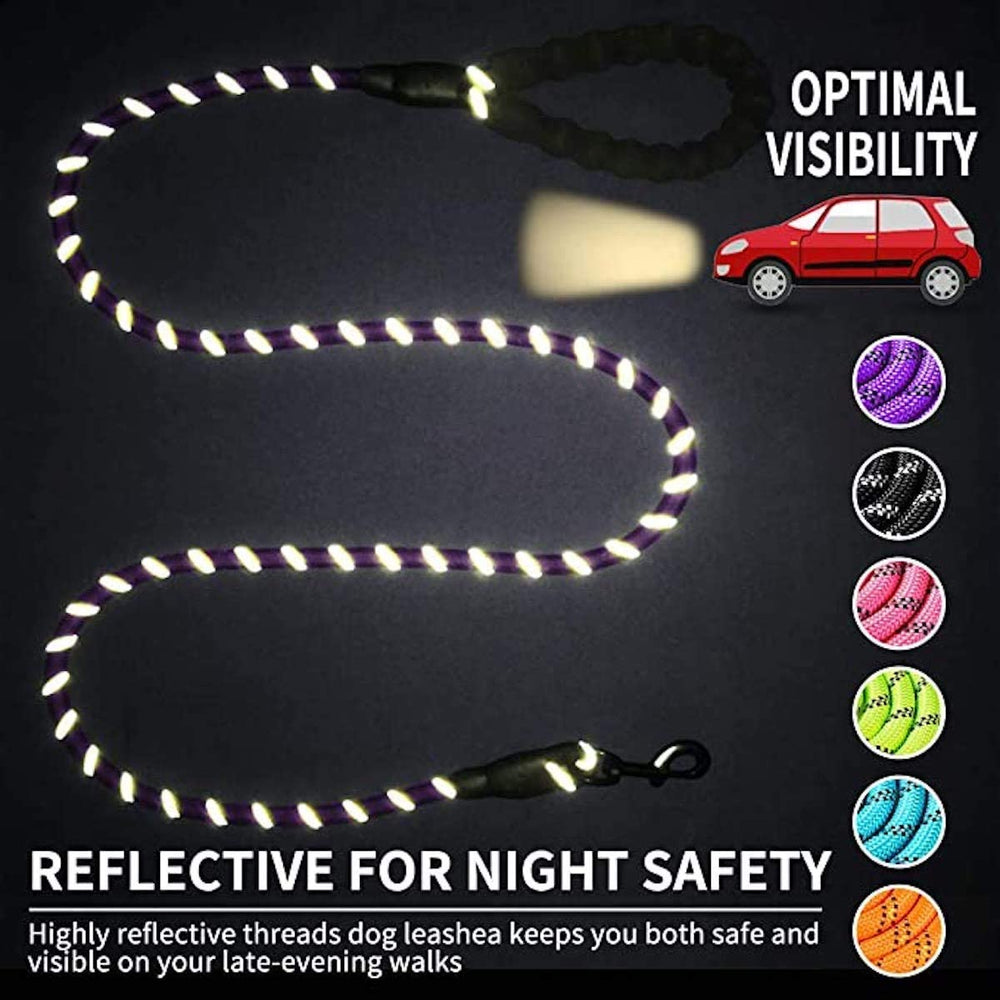 Purple and white reflective dog leash with padded handle and metal clip, shown glowing under light for night visibility, alongside color options and safety text.