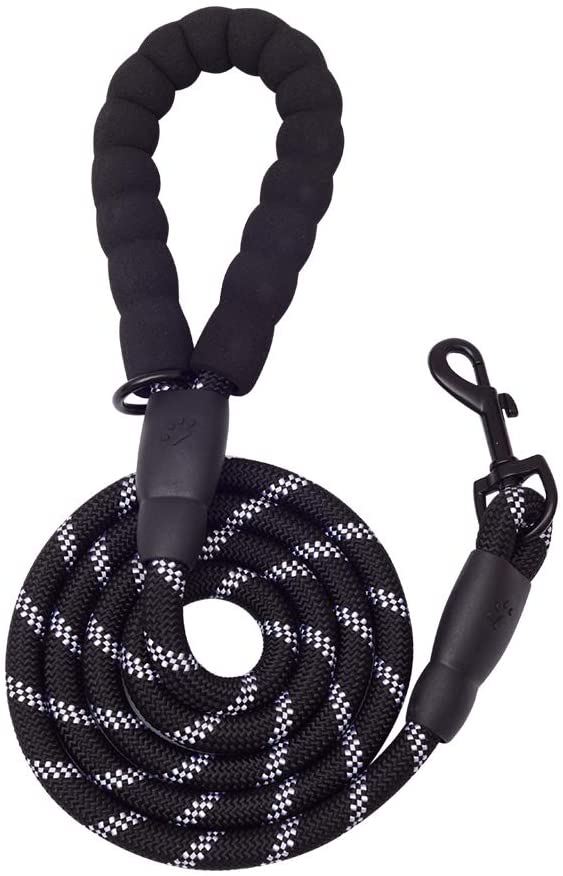 Black 5 ft thick dog leash with padded handle and metal clasp