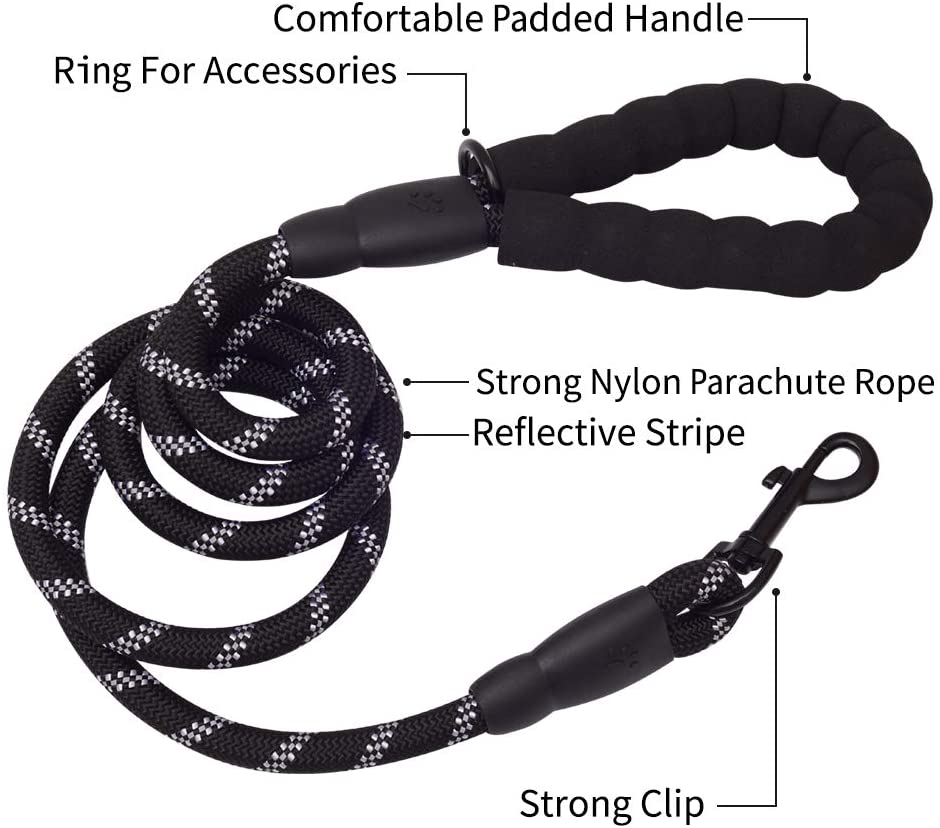 Black and white braided nylon dog leash with reflective stripes, padded handle, accessory ring, and a strong clip at the end for attachment.