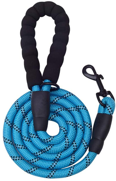 Blue 5 ft thick highly reflective dog leash with padded handle and metal swivel clasp