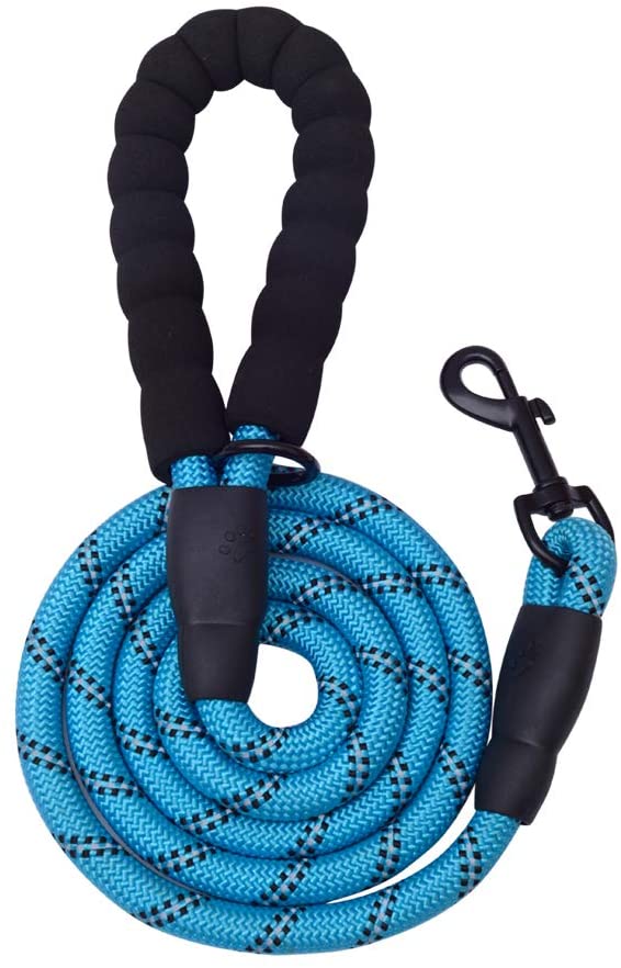 Blue 5 ft thick highly reflective dog leash with padded handle and metal swivel clasp