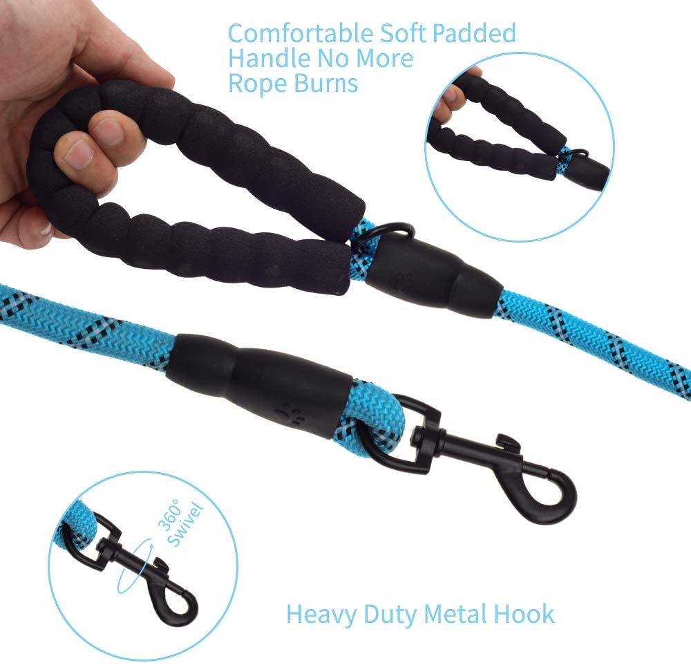 Blue thick dog leash with reflective stitching, padded black handle, and heavy duty black metal swivel hook for secure attachment.