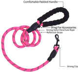 Bright pink nylon dog leash with reflective black stripes, padded black handle, accessory ring, and black metal clip, shown coiled on white background.