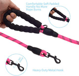Bright pink dog leash with black padded handle and black metal swivel hook, designed for comfort and durability.
