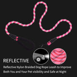 Bright pink nylon braided dog leash with reflective threads and a padded black handle loop, shown coiled on a black background with detail inset and visibility icon