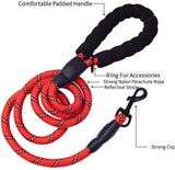 Red nylon parachute dog leash with reflective black stripes, a padded loop handle, a ring for accessories, and a strong black clip.