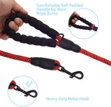 Red and black braided dog leash with soft padded black handle and heavy-duty black metal swivel hook