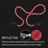 Red nylon braided dog leash with reflective threads glowing under light, featuring a padded black handle and metal clasp against a black background.