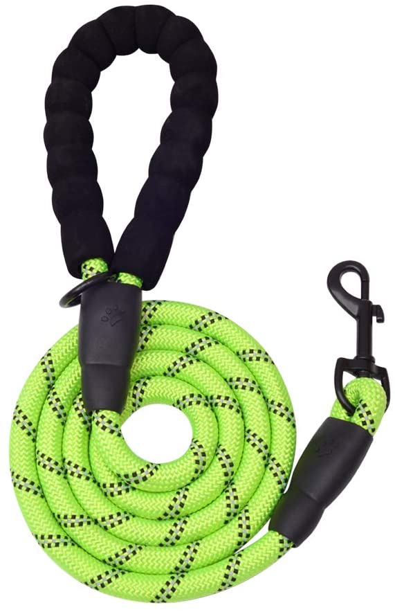 Green 5 ft thick highly reflective dog leash with padded handle and metal clasp