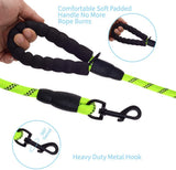 Bright green dog leash with black reflective strands, padded black handle for comfort, and heavy-duty metal swivel hook for secure attachment.