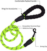 Bright green nylon paracord dog leash with black reflective stripes, padded black handle, accessory ring, and strong clip for secure attachment.