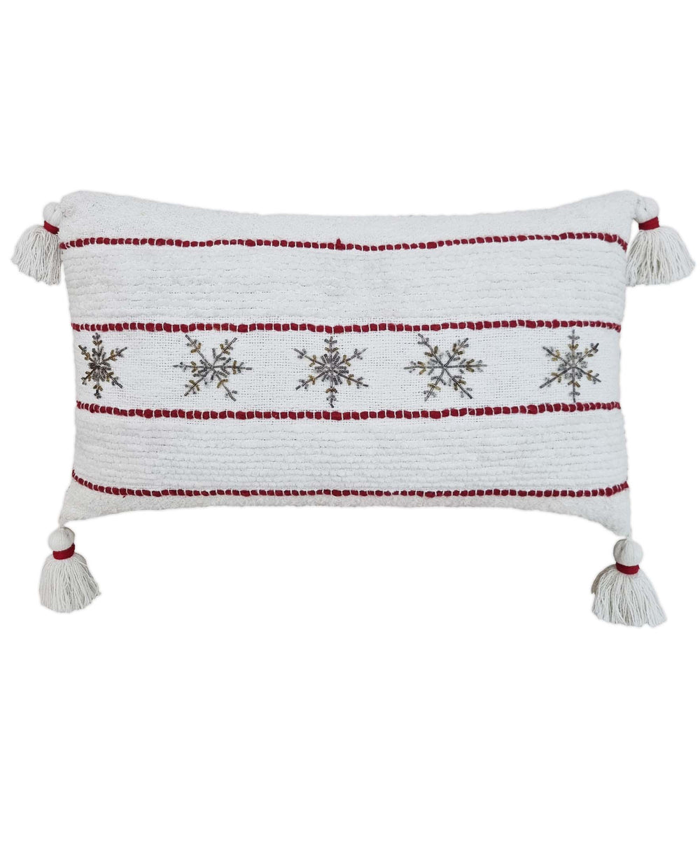 Christmas Decorative Pillow with handwoven texture and beaded snowflakes
