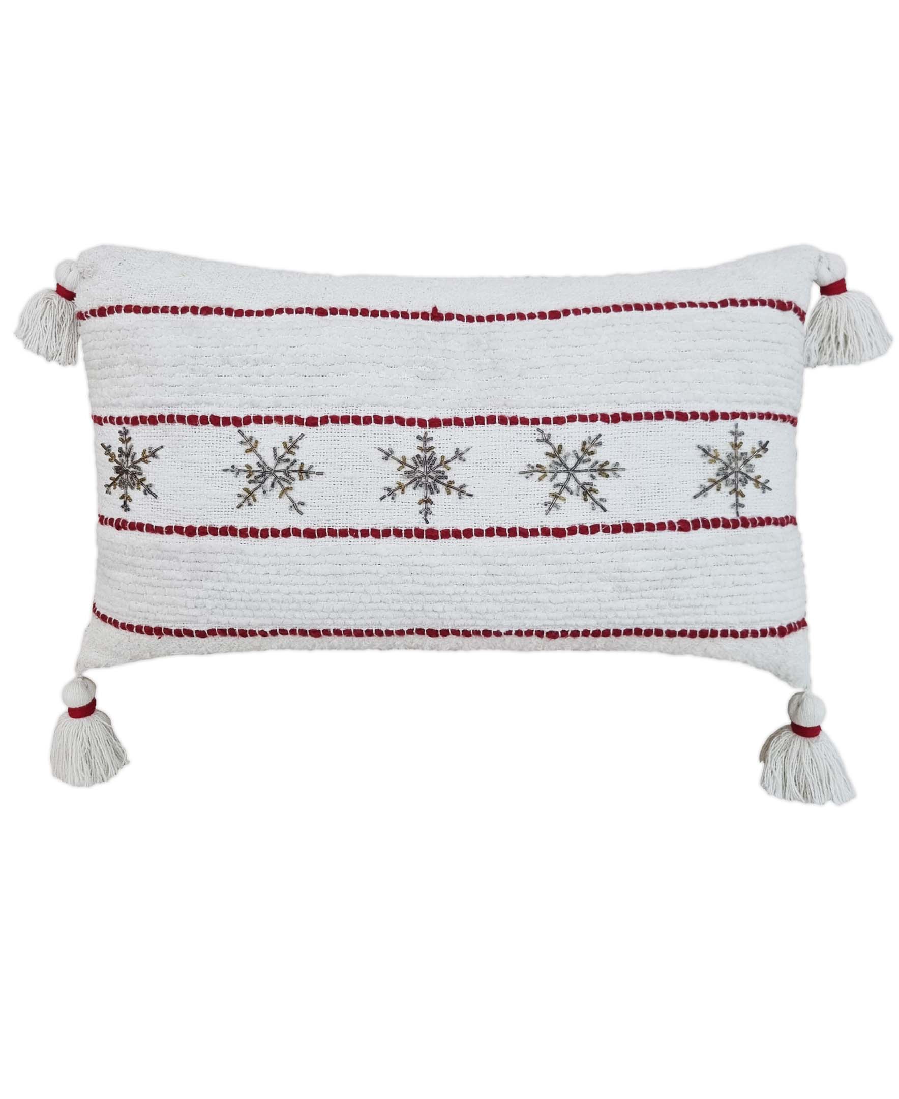 Christmas Decorative Pillow with handwoven texture and beaded snowflakes