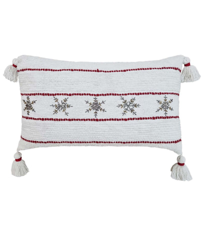 Christmas Decorative Pillow with handwoven texture and beaded snowflakes
