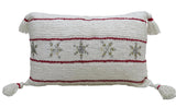 Rectangular white pillow with textured stripes, red horizontal accent lines, silver embroidered snowflakes in the center, and tassels on each corner.