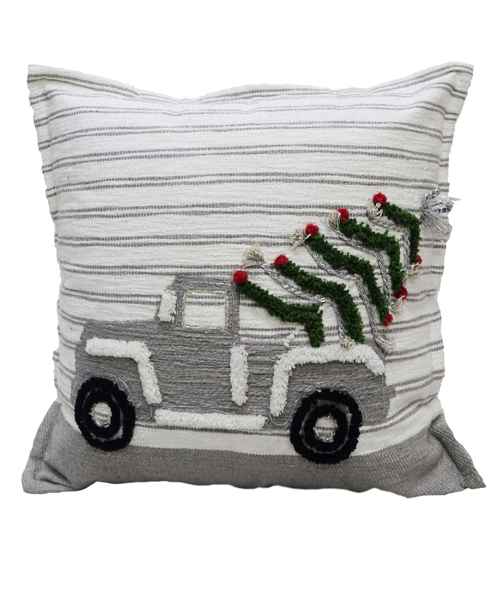 Vibhsa Christmas Decorative Throw Pillow 20"x20" with embroidered colorful Christmas car print and solid color back