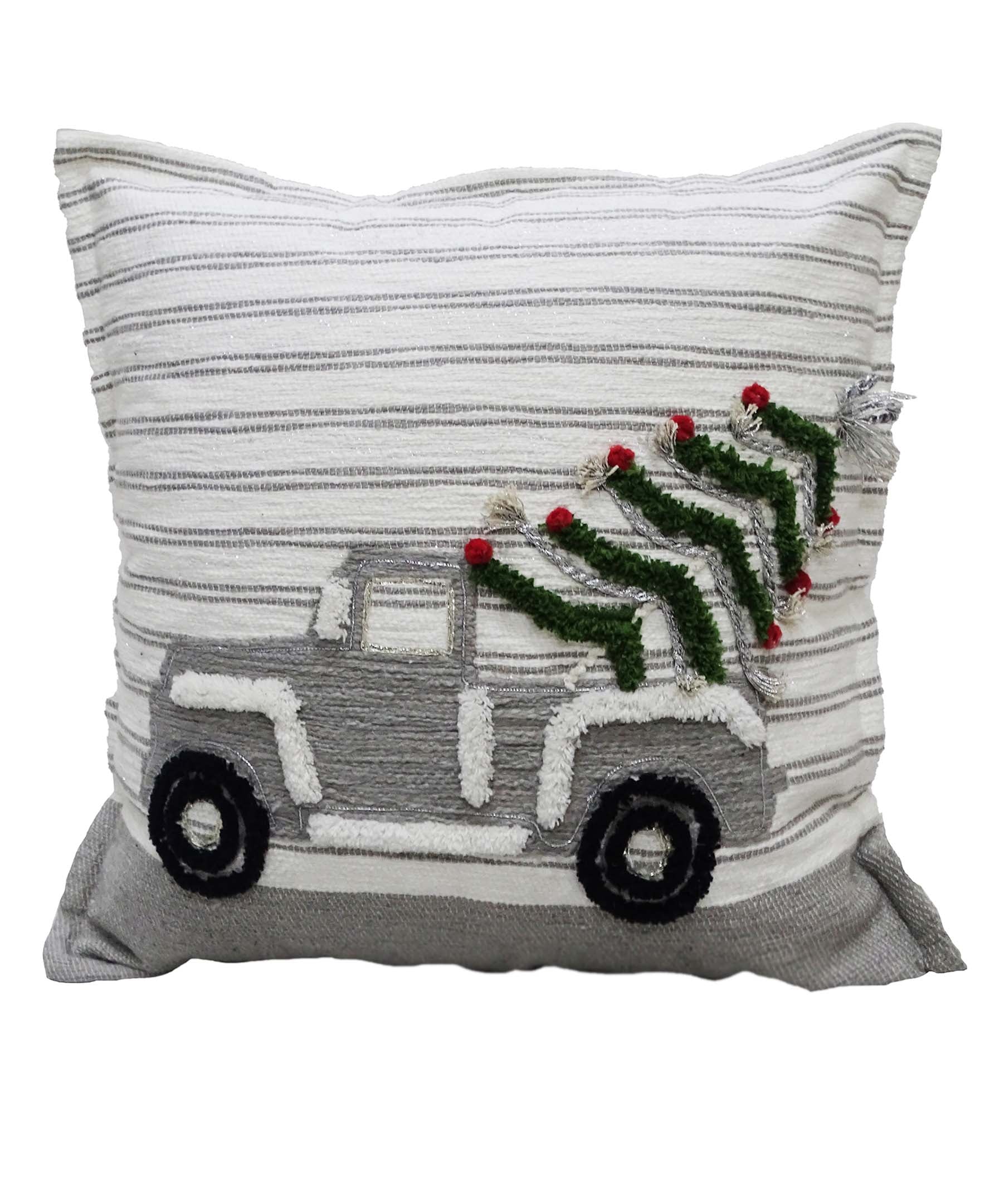 Vibhsa Christmas Decorative Throw Pillow 20"x20" with embroidered colorful Christmas car print and solid color back