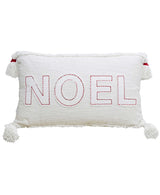 Christmas Decorative Pillow with embroidered Noel text in red and off white, 14 by 24 inches