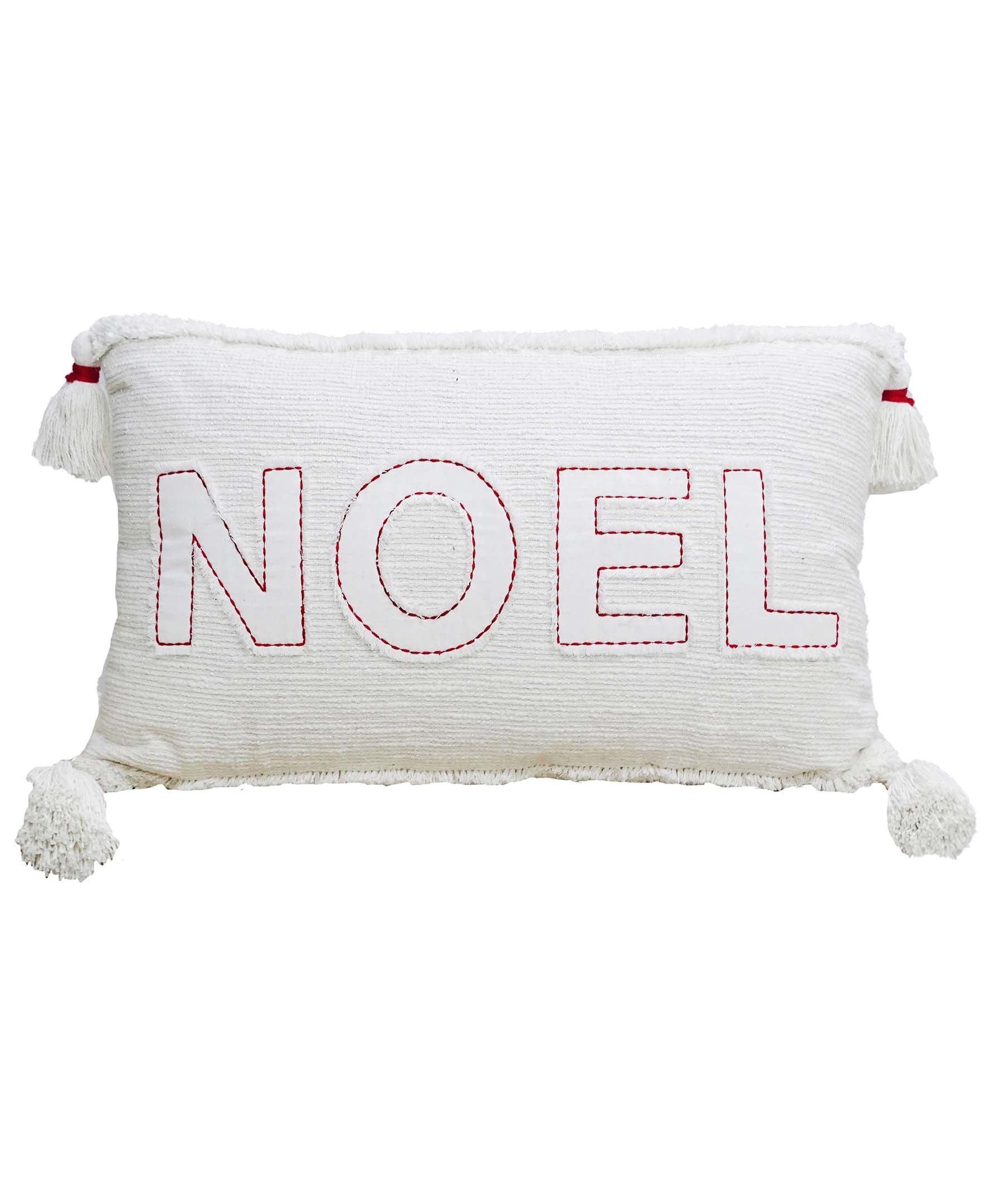 Christmas Decorative Pillow with embroidered Noel text in red and off white, 14 by 24 inches