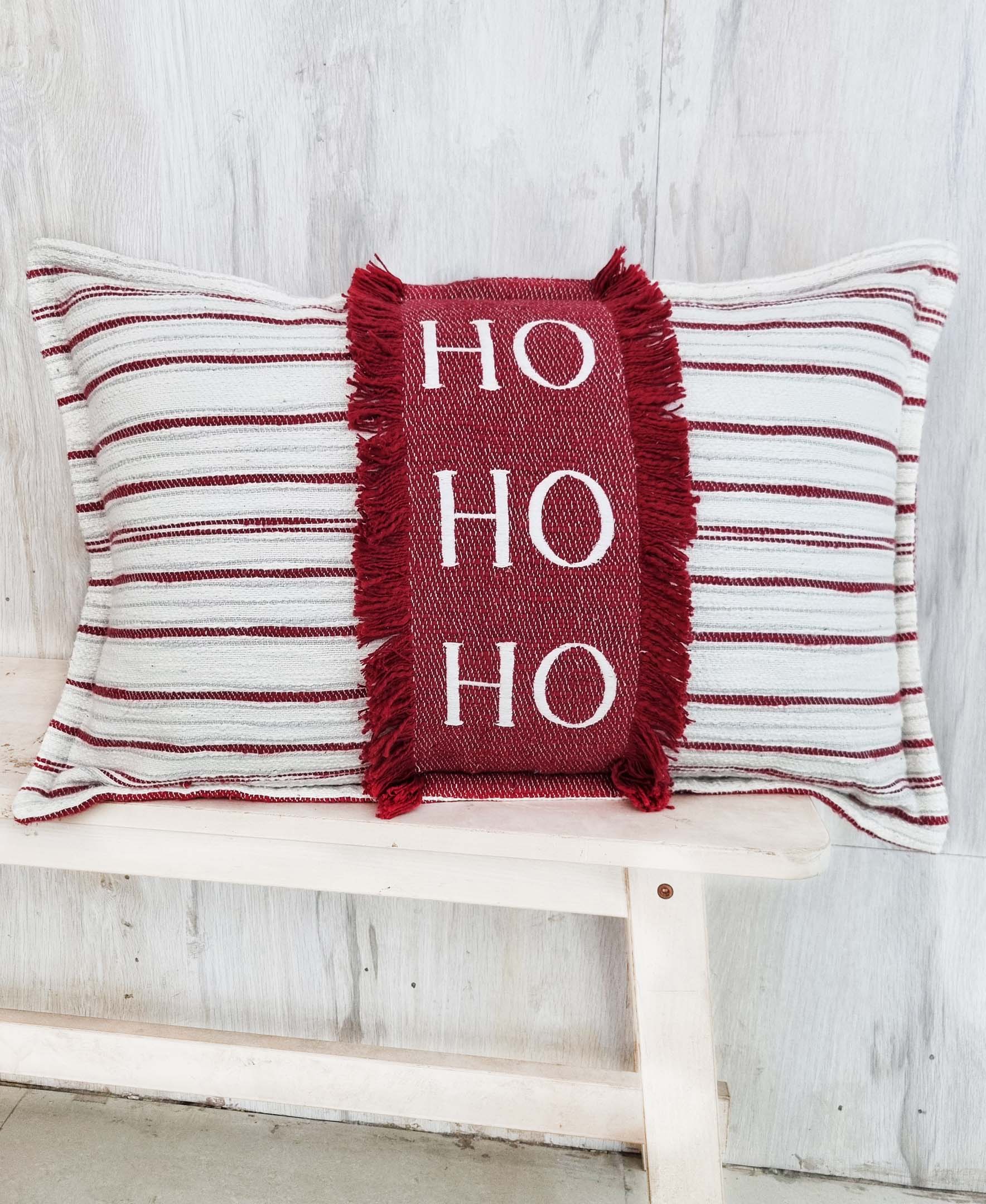 Vibhsa Christmas Throw Pillow embroidered with HoHoHo text on red cotton fabric