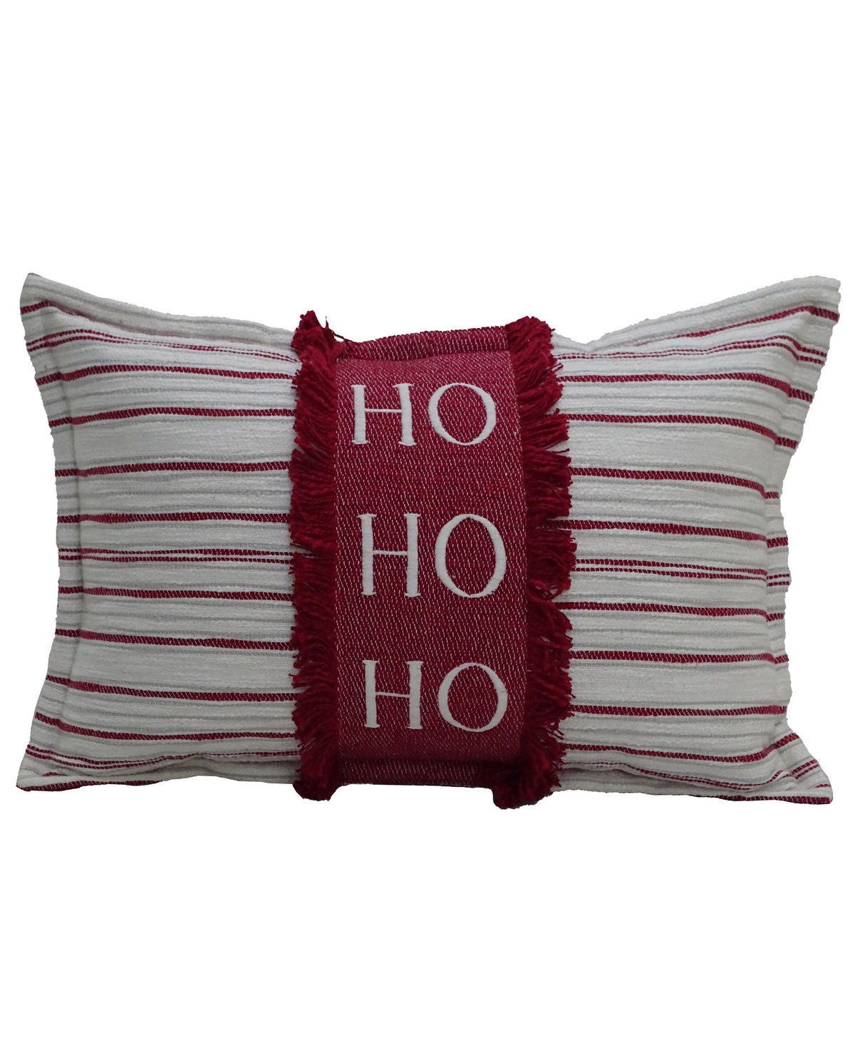Rectangular white pillow with horizontal red stripes and a central red panel featuring white letters spelling 'HO HO HO' framed by red fringe.