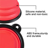 Close-up of red collapsible silicone dog bowls with black ABS frames, highlighting their safe, non-toxic material and sturdy, durable construction.