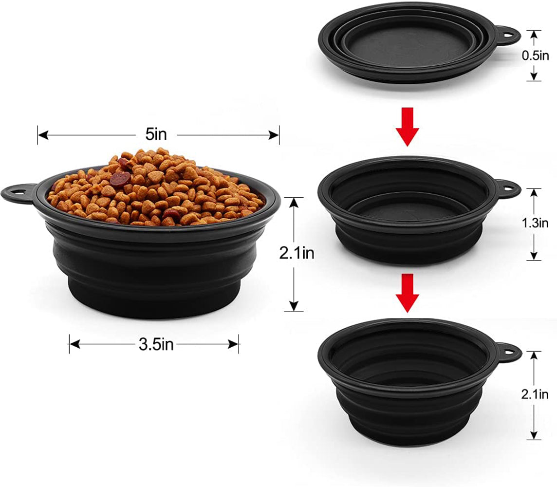 Set of five black collapsible dog bowls stacked and unfolded showcasing portability
