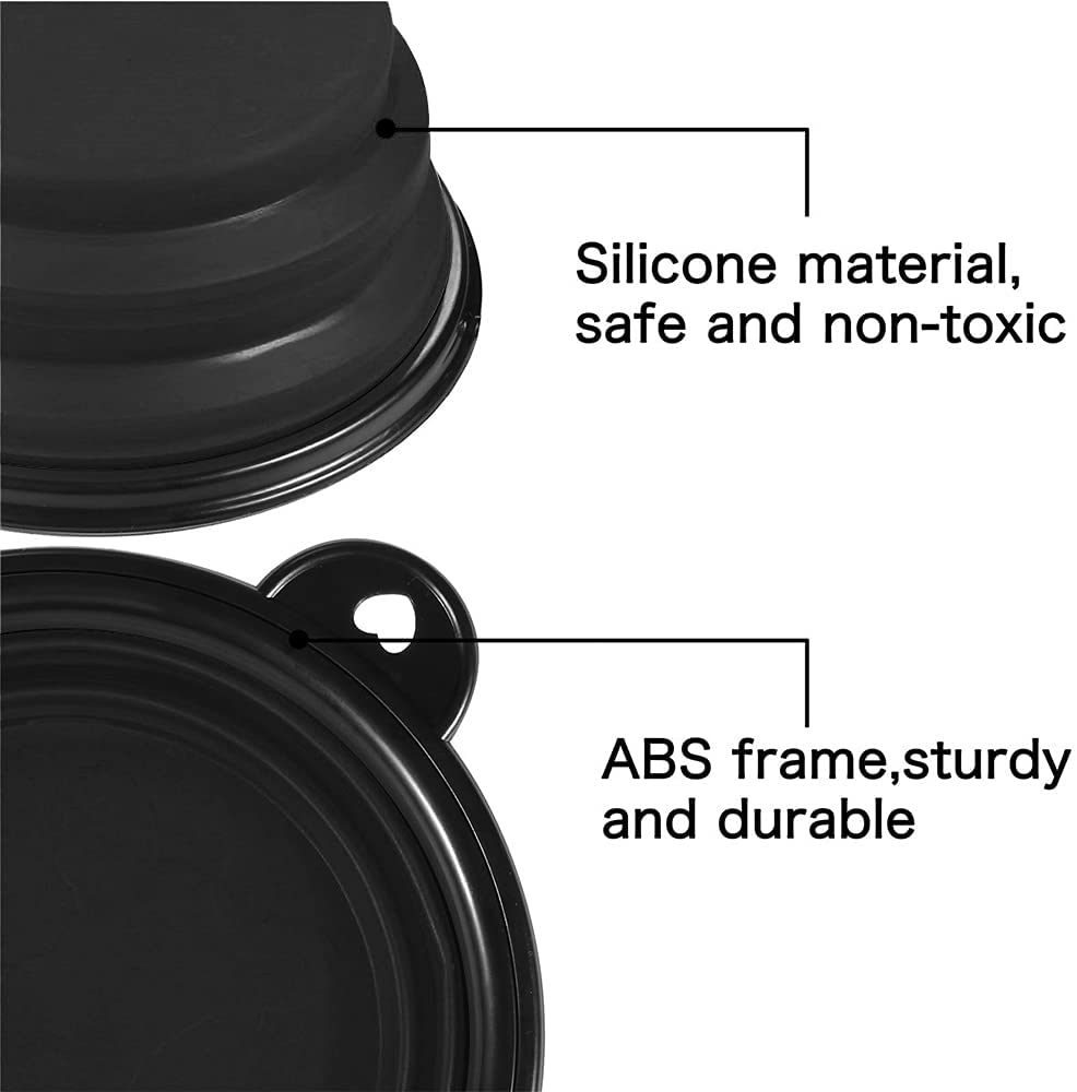 Close-up of a black collapsible dog bowl with labeled parts describing silicone material and sturdy ABS frame with a small heart-shaped hole on the rim.