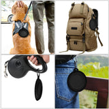 Collage showing a black collapsible dog bowl attached to a dog harness, tan backpack, retractable leash handle, and a person's jean pocket in outdoor settings.