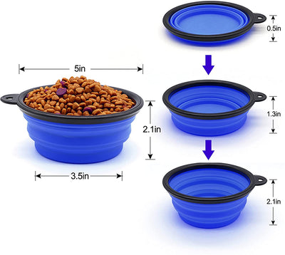 Set of five blue portable and foldable small dog bowls arranged on a flat surface