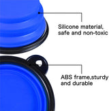 Collapsible blue silicone dog bowl with a black ABS frame and small loop handle, highlighting safe, non-toxic material and sturdy durability.