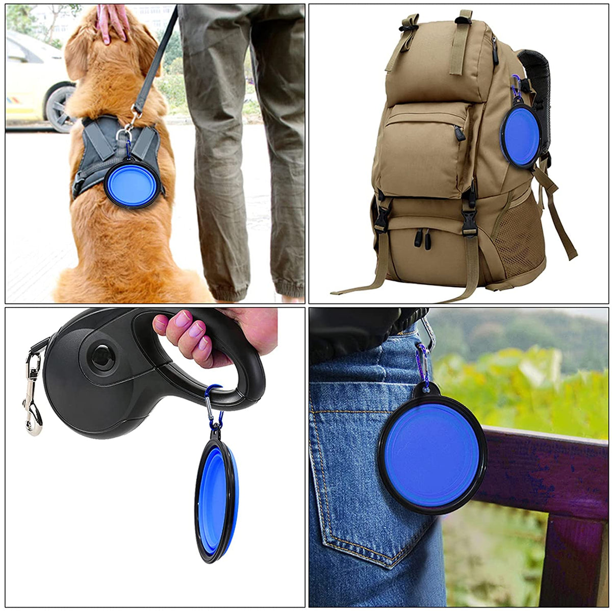 Round blue collapsible dog bowl attached via carabiner to a dog's black harness, a tan backpack, a retractable leash handle, and a person's jeans pocket outdoors.