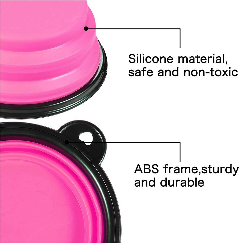 Pink collapsible dog bowls with black rims, labeled with silicone material and ABS frame for durability, shown in expanded and collapsed states against white background.