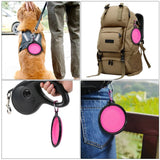 Collage showing a collapsible pink dog bowl with black rim attached to a dog's harness, a tan backpack, a black retractable leash, and a person's jeans pocket outdoors.