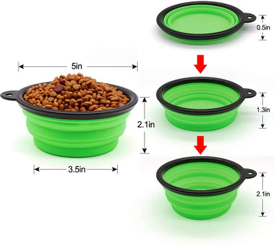 Set of five green 5 inch portable foldable dog bowls stacked and collapsed