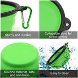 Collapsible green silicone dog bowl with black rim and green carabiner, shown folded and unfolded, highlighting durability, space-saving design, and easy cleaning with water splash.
